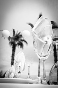 Black & white close-up of wine glasses at a wedding reception somewhere tropical with palm trees in the background.