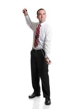 A full body view of a young businessman having fun using a resistance band to do some exercises, isolated against a white background.