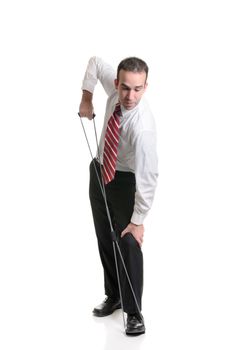 A young man using a resistance band to stretch, isolated against a white background.
