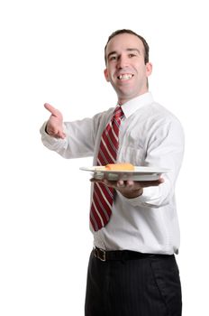 A server is delivering a single battered wiener on a plate, isolated against a white background.