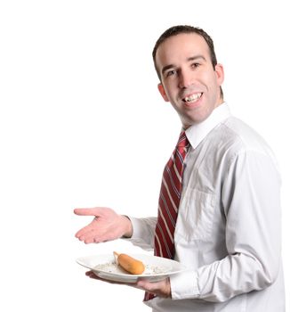 A young server is displaying a battered wiener on a plate, isolated against a white background.