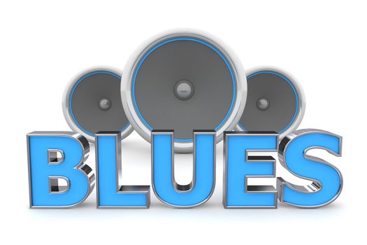 word Blues with three speakers in background - blue style