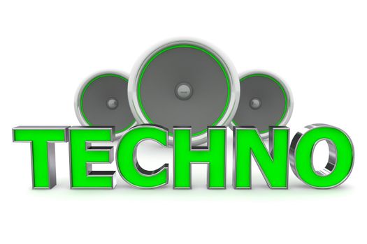 word Techno with three speakers in background - green style