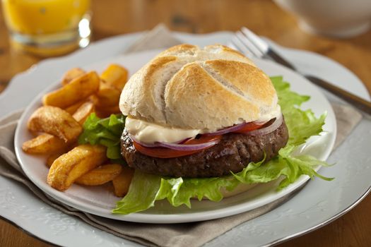 Delicious fresh hamburger with fries and tomato