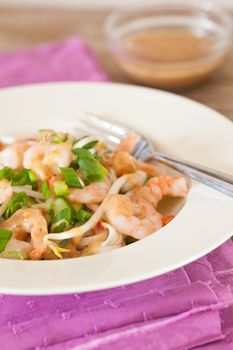 Fresh noodle salad with shrimps, beansprouts and spring onions