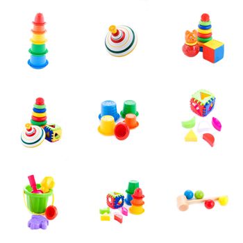 Collection of baby toys isolated on white