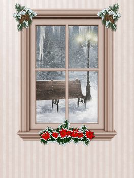 a festively decorated window with a winter landscape