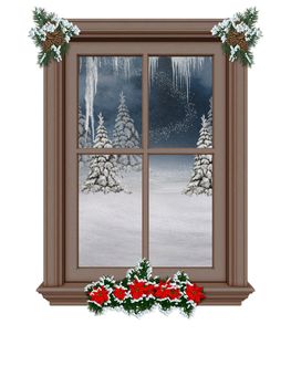 a festively decorated window with a winter landscape