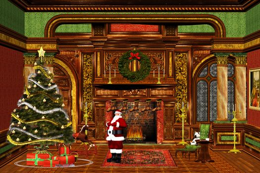 Santa Claus admires the decorated Christmas tree