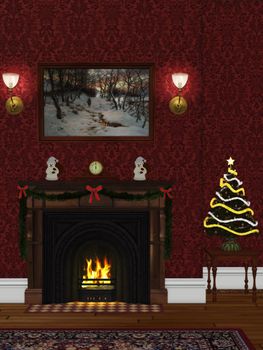 festively decorated room with a fireplace