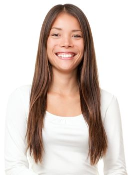 Smiling casual young woman isolated on white background.