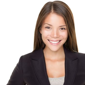 Young asian businesswoman portrait over white. Multiracial Asian / Caucasian business woman smiling looking at camera.