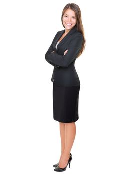 Confident business woman standing full length in black suit. Businesswoman or real estate agent isolated on white background.