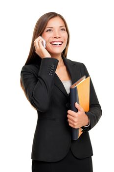 Real estate female agent talking on mobile phone. Busy businesswoman working on white background.