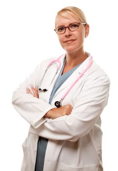 Friendly Female Blonde Doctor Isolated on a White Background.