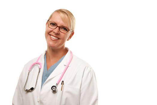 Friendly Female Blonde Doctor Isolated on a White Background.