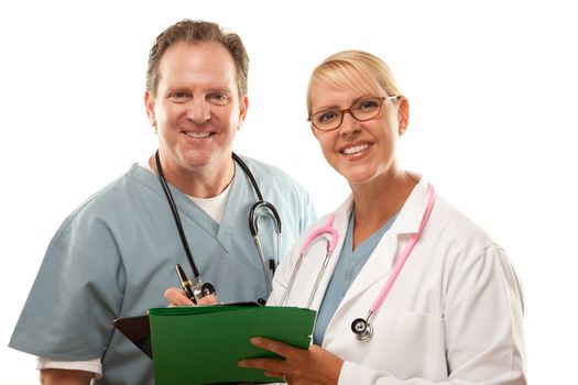 Male and Female Doctors Looking Over Files Isolated on a White Background.