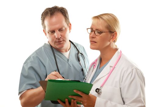 Male and Female Doctors Looking Over Files Isolated on a White Background.