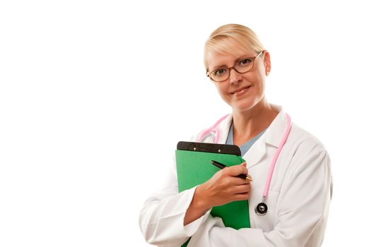 Friendly Female Blonde Doctor Isolated on a White Background.