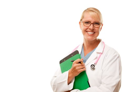 Friendly Female Blonde Doctor Isolated on a White Background.