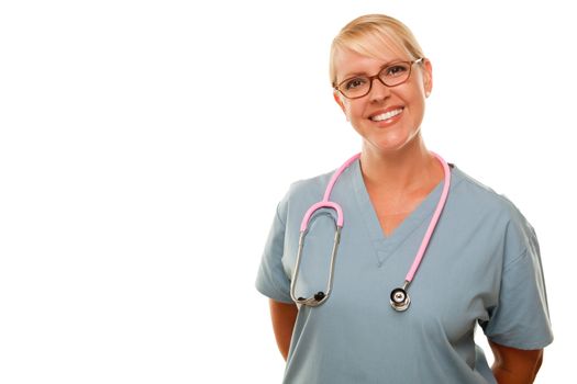 Friendly Female Blonde Doctor Isolated on a White Background.