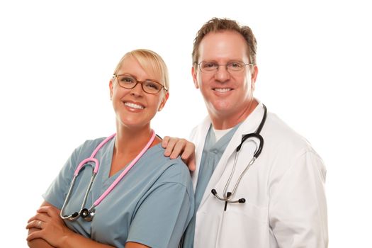 Friendly Male and Female Doctors Isolated on a White Background.