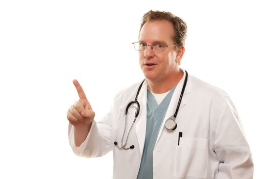 Male Doctor with One Finger Up Isolated on a White Background.