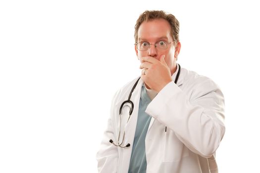 Male Doctor with Concerned Look and Hand Over Mouth Isolated on a White Background.