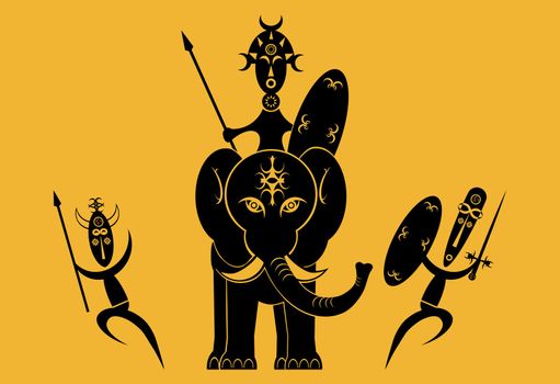 African Warriors with spears and shields and one riding an elephant