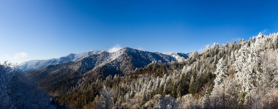 Famous Smoky Mountain view of Mount Leconte covered in snow in early spring