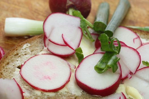 Fresh radish bread with spring leek as background