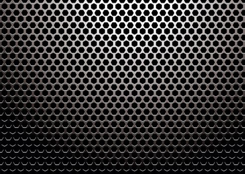 Silver metal background with hexagon holes and light reflection