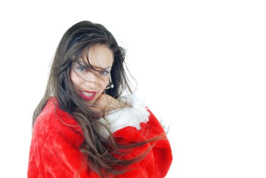 Smiling lady in the red Santa Claus costume on a white background