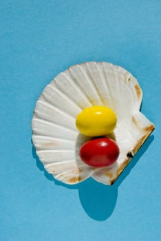 Easter eggs, yellow and red on the sea shell isolated on a blue background