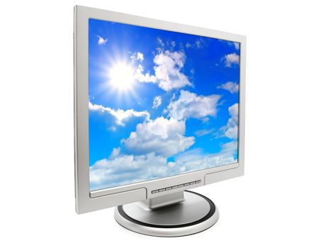 computer monitor with sky wallpaper over a white background