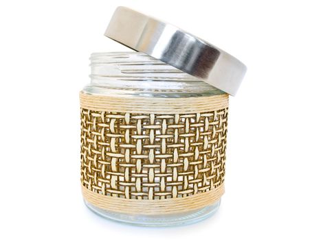 open glass jar against the white background
