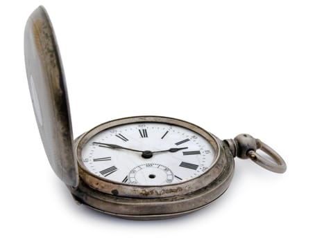  closed old silver pocket watch on a white background 