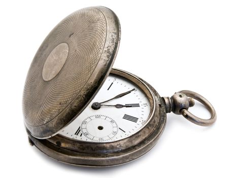  closed old silver pocket watch on a white background 