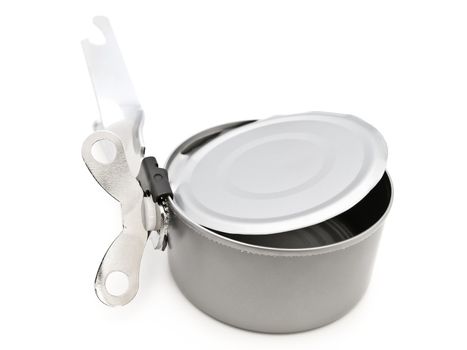 tin opener with opened can over the white background