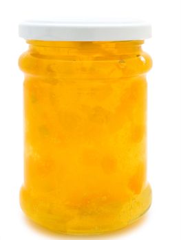 single jar with yellow jam against the white background