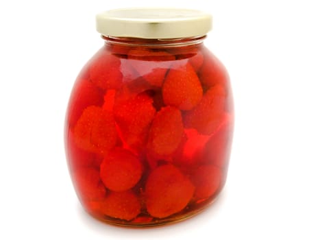 single jar with red compote against the white background