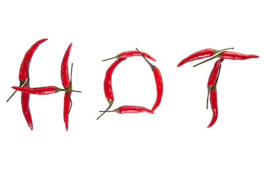 Spicy red peppers forming the word hot