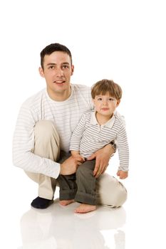 Happy Father holding son sitting isolated on white