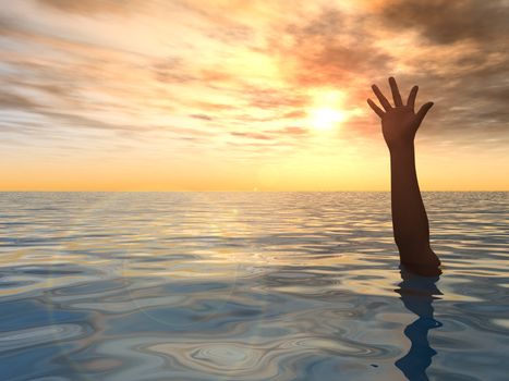 arm on water landscape against sunset - 3d illustration