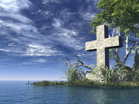 stone cross at water landscape - 3d illustration