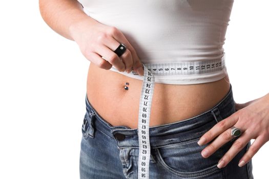 Woman measuring her waist with measuring tape