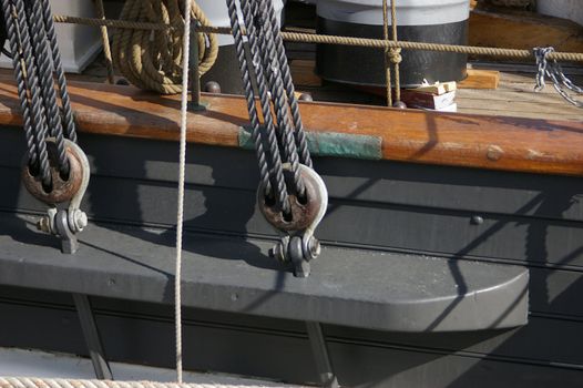 A view of blocks and rigging on a tall ship / sailing ship.