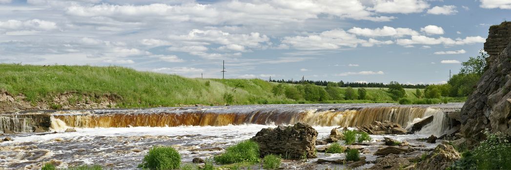 Waterfall of nothern river panorama