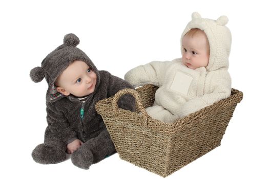 Two babies dressed in furry teddy bear suits