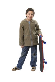 Cool boy posing with his skate. Full body, white background. More pictures of this model at my gallery